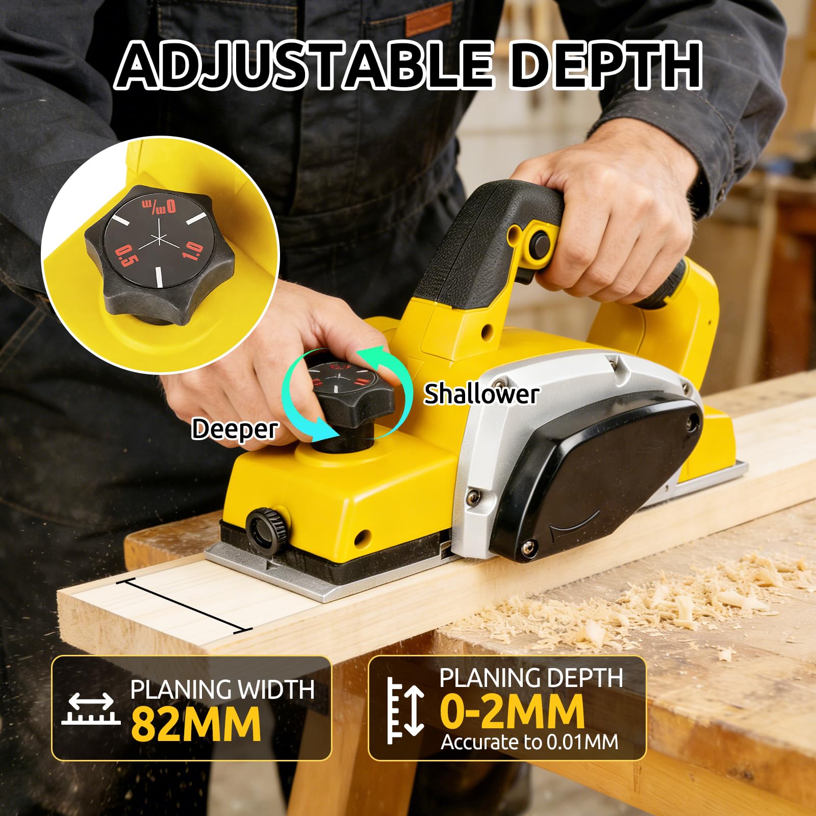 Pialla manuale senza spazzole senza fili per DeWalt batteria da 20 V, pialla elettrica per legno con larghezza di 82 mm e profondità di taglio regolabile da 0 a 2 mm, per falegnameria, legno e