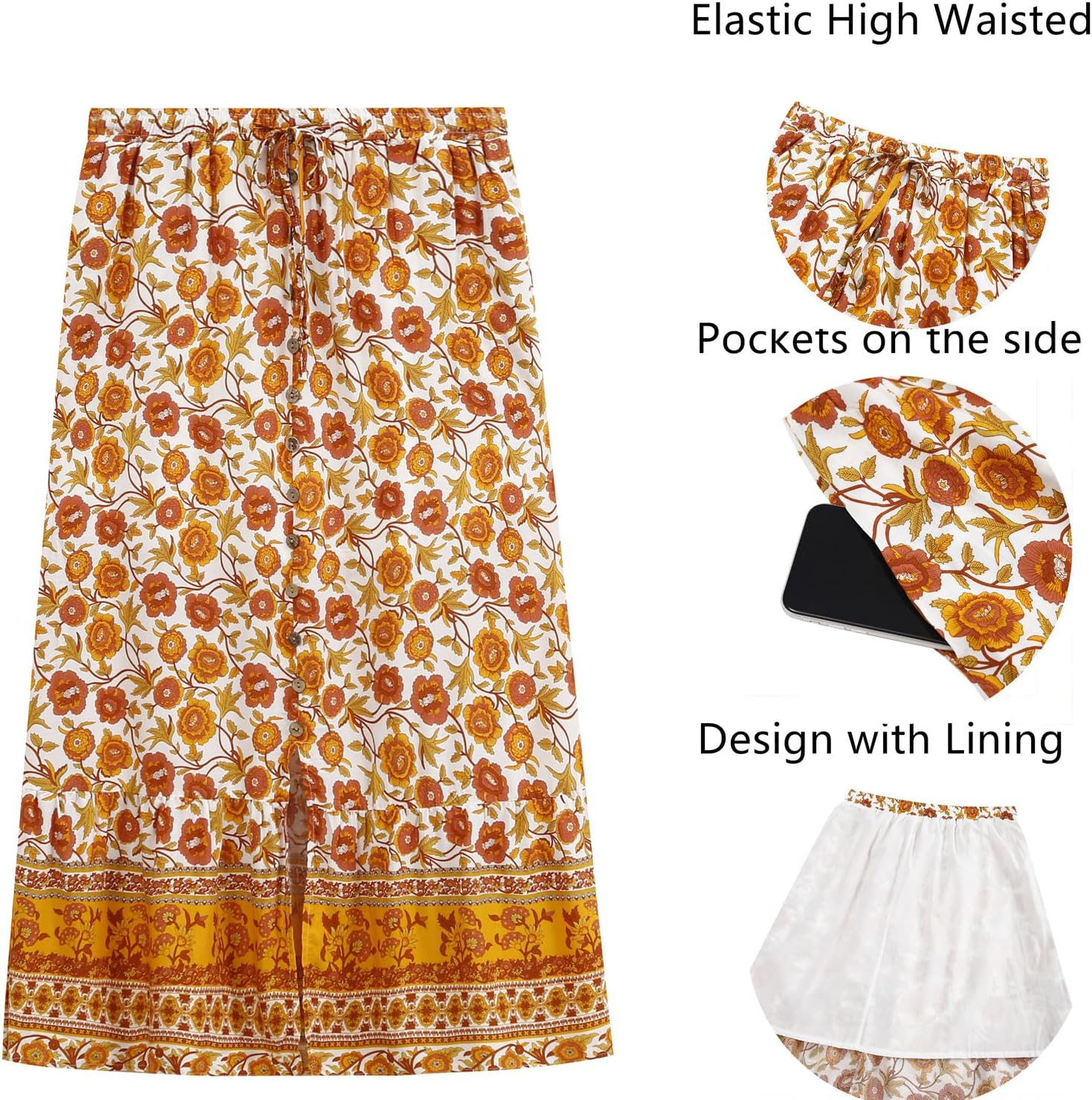 Women's Boho Maxi Skirt Vintage Floral Print Elastic High Waist Split A Line Long Skirts - Image 5