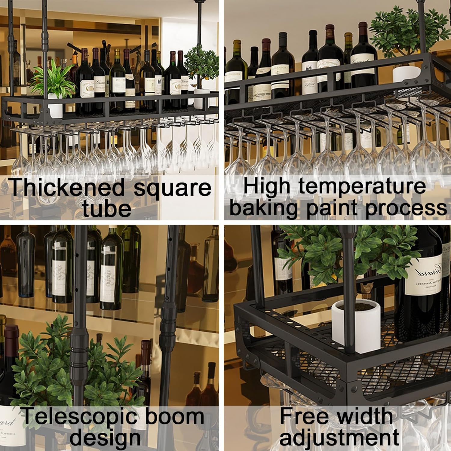 Adjustable Height Luxury Wine Glass Hanger Rack for Upside Down Hanging and Storage in Home Bar or Kitchen Ceiling Mounted Goblet Wine Holder for Coee Party Hosts