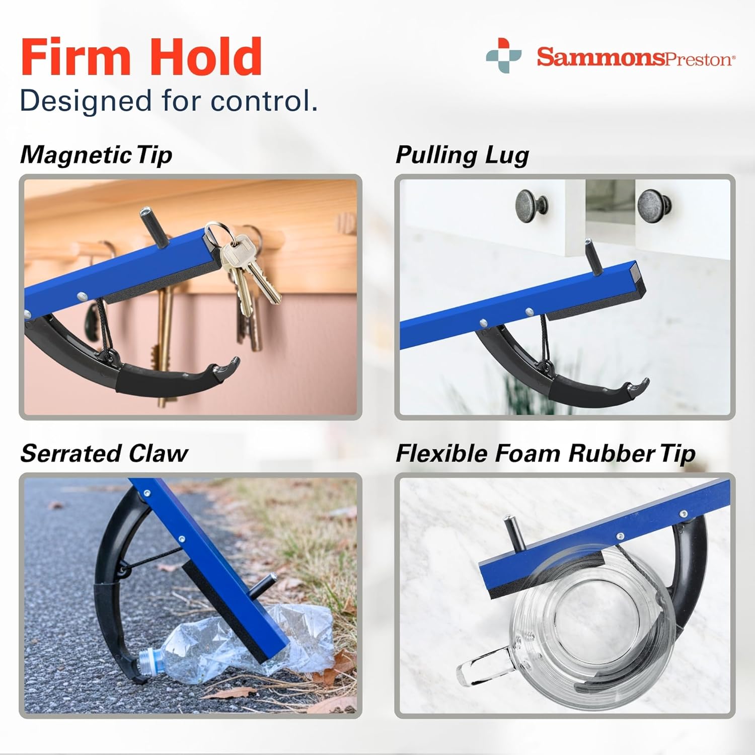 Sammons Preston Reacher, 26" Lightweight Grabber Reacher Tool with Magnetic Tip, Ergonomic Grip & Claw Jaw, Portable Reaching Aid for Seniors, Daily Living & Home Use, Standard Blue, 3 pack