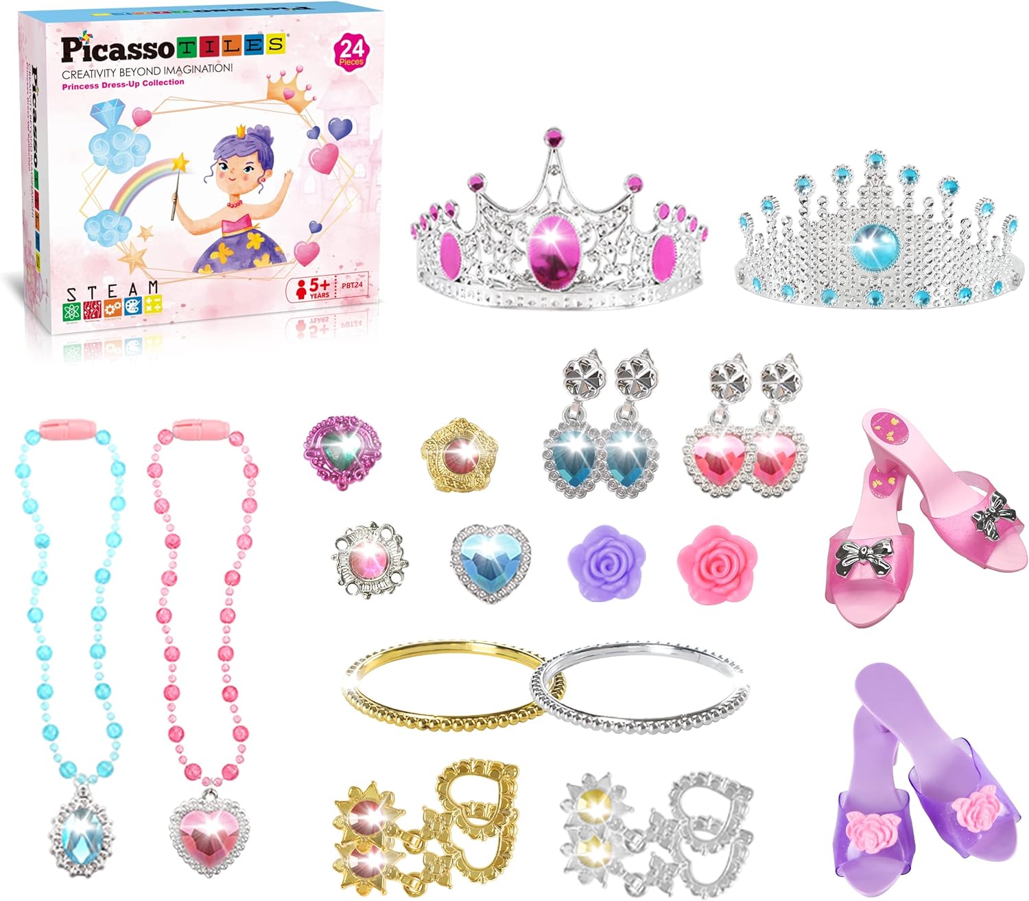 PicassoTiles Princess Dress Up + Art Easel Drawing Board, 24pc Fairytale Pretend Play Tiara, Jewelry Boutique, Shoes & Fashion Accessories Toy Collection, Chalkboard & Whiteboard with Art Accessories