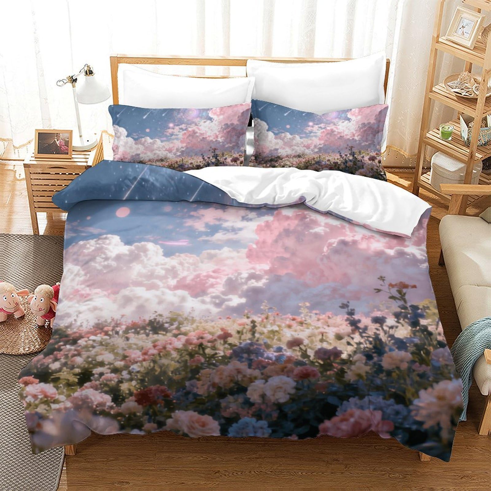 Chambre adulte housse couette fleurs anti-plis lit simple 1 place