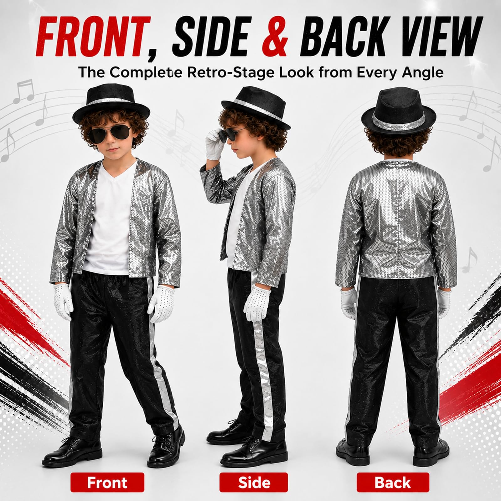 Costume da pop star per bambini musicista anni '80 retrò giacca argento pantaloni cappello occhiali guanto discoteca outfit Halloween Cosplay abbigliamento palcoscenico performance danza