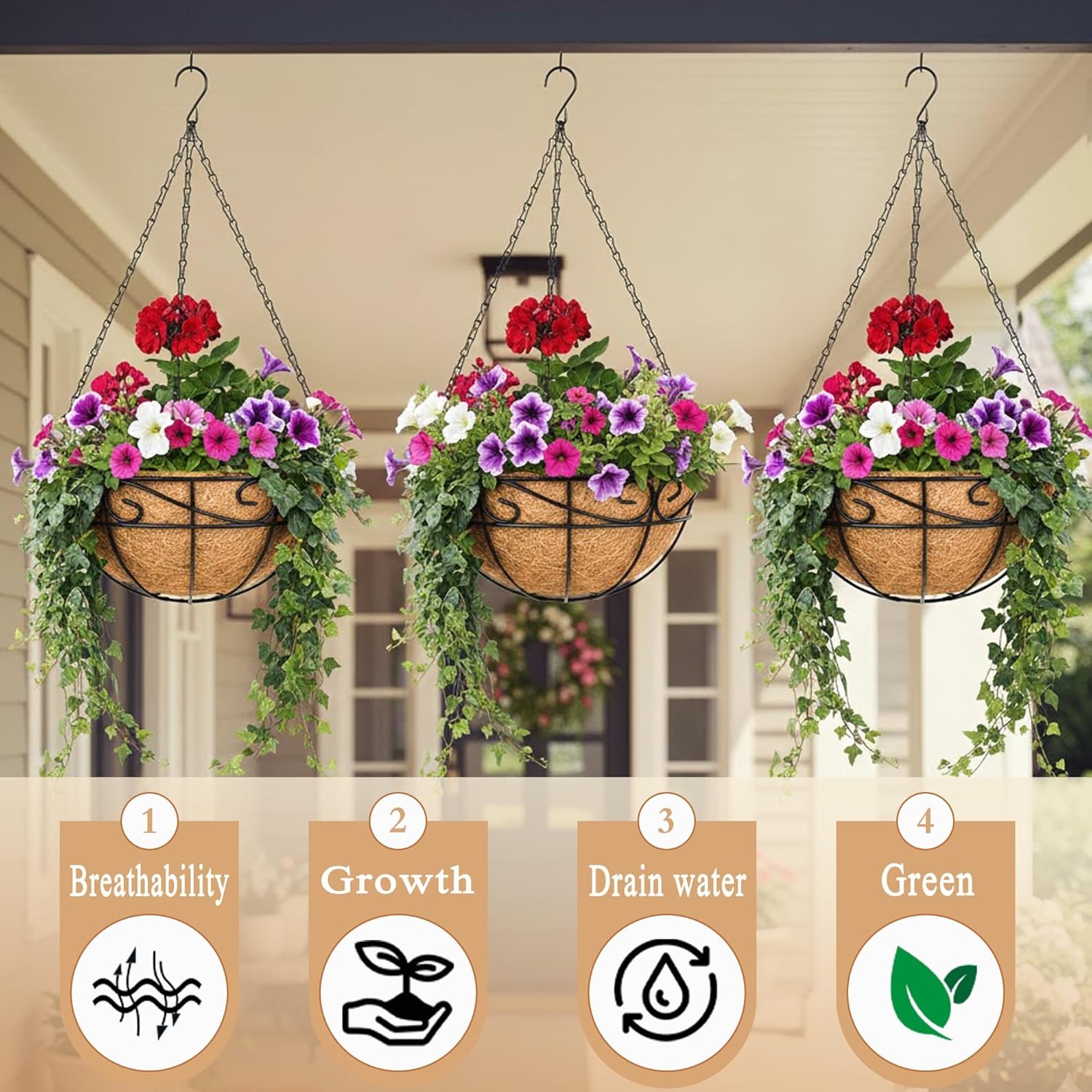 2 Pack 12" Round Metal Hanging Basket for Outdoor Plants Durable Large Hanging Planter with Coco Coir Round Plant Holders Planter for Outside Garden Decoration (Flower Border)
