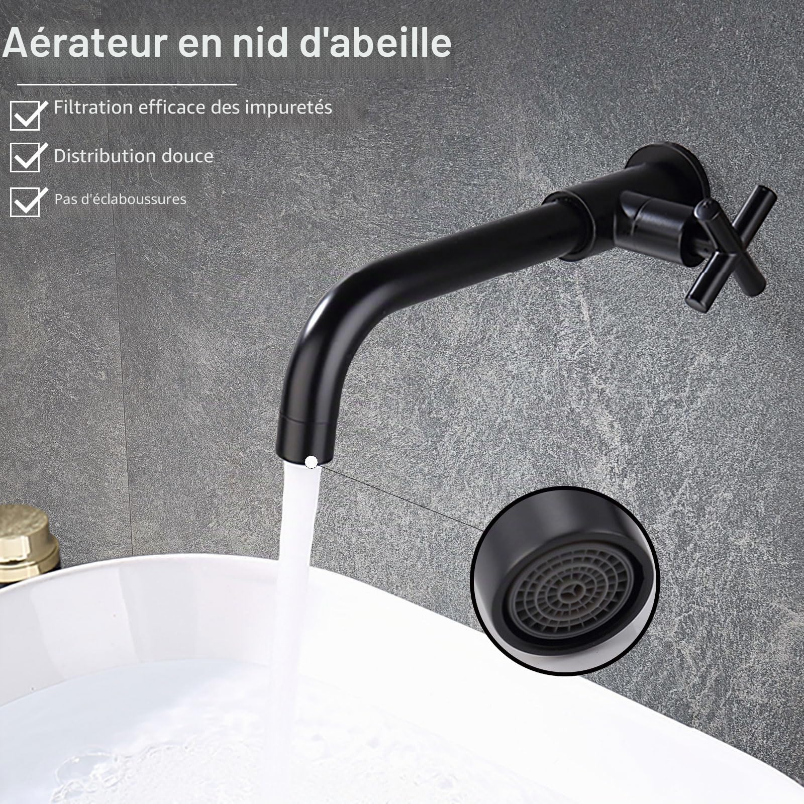 PHASAT Robinet Mural Eau Froide de salle de bain, Robinet de Jardin avec Croix Poignée pour Extérieur, évier à Vadrouille, Noir PTMP20B