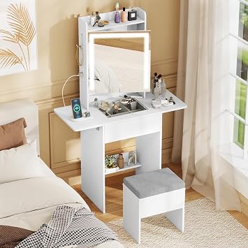 CHARMAID 20 Girls Vanity Desk with Lighted Mirror & Charging Station, Glass Top Makeup Table with Fold-Up Side Panels, Mirrored Cabinet, Drawer & Storage Stool for Bedroom Small Place White