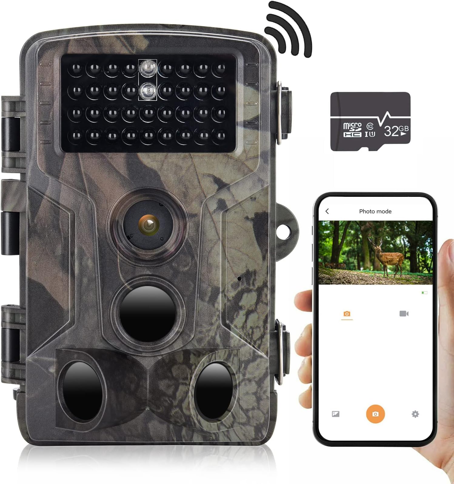 RecorCam Jachtcamera, wifi, bluetooth, app, 24 MP, 1296P, met infrarood nachtzicht, triggersnelheid, 0,2 s, jachtcamera, IP66, waterdicht, voor bewaking van dieren in het wild, met 32 GB SD-kaart