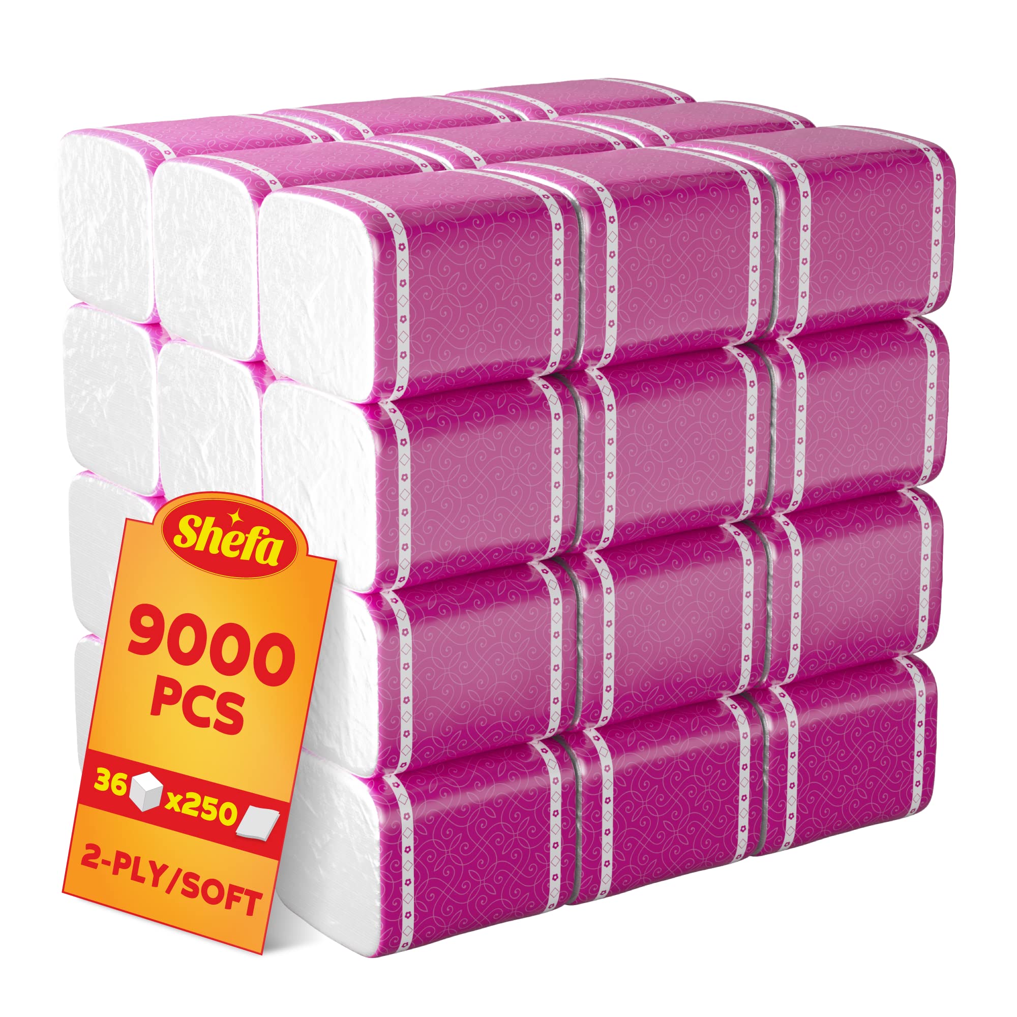 Shefa 9000 pañuelos de papel a granel – 36 cajas planas con apertura para llevar, 2 capas de papel suave para baño, hogar, oficina y aula