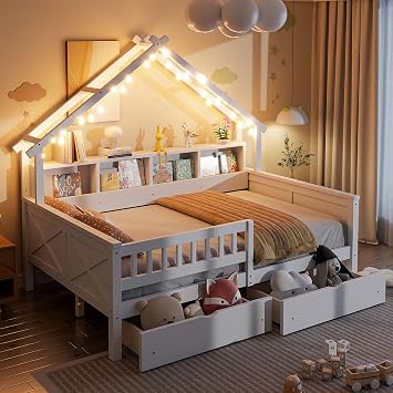 Full Size House Platform Beds with LED, Storage Shelves, Drawers and Guardrail, Sturdy Pine Wood Frame, Easy Assembly for Bedrooms White/LED