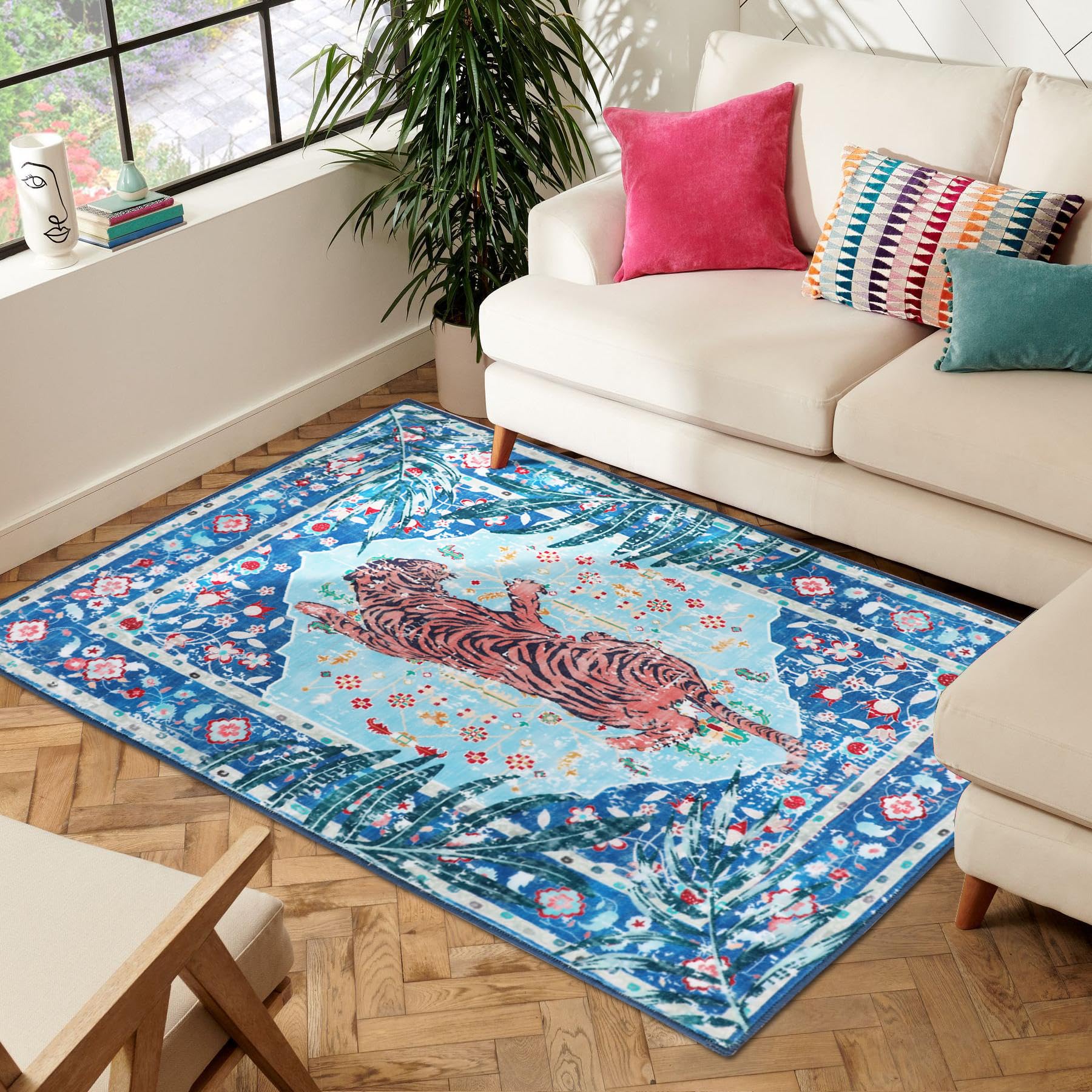 CILEPMID 3x5 FT Leopard Rug for Living Room Vintage Animal Rug Aesthetic Rugs for Girls Room Nursery Bedroom Home Office Dorm Thin Bright Blue Carpe (Blue, 3X5 FT)