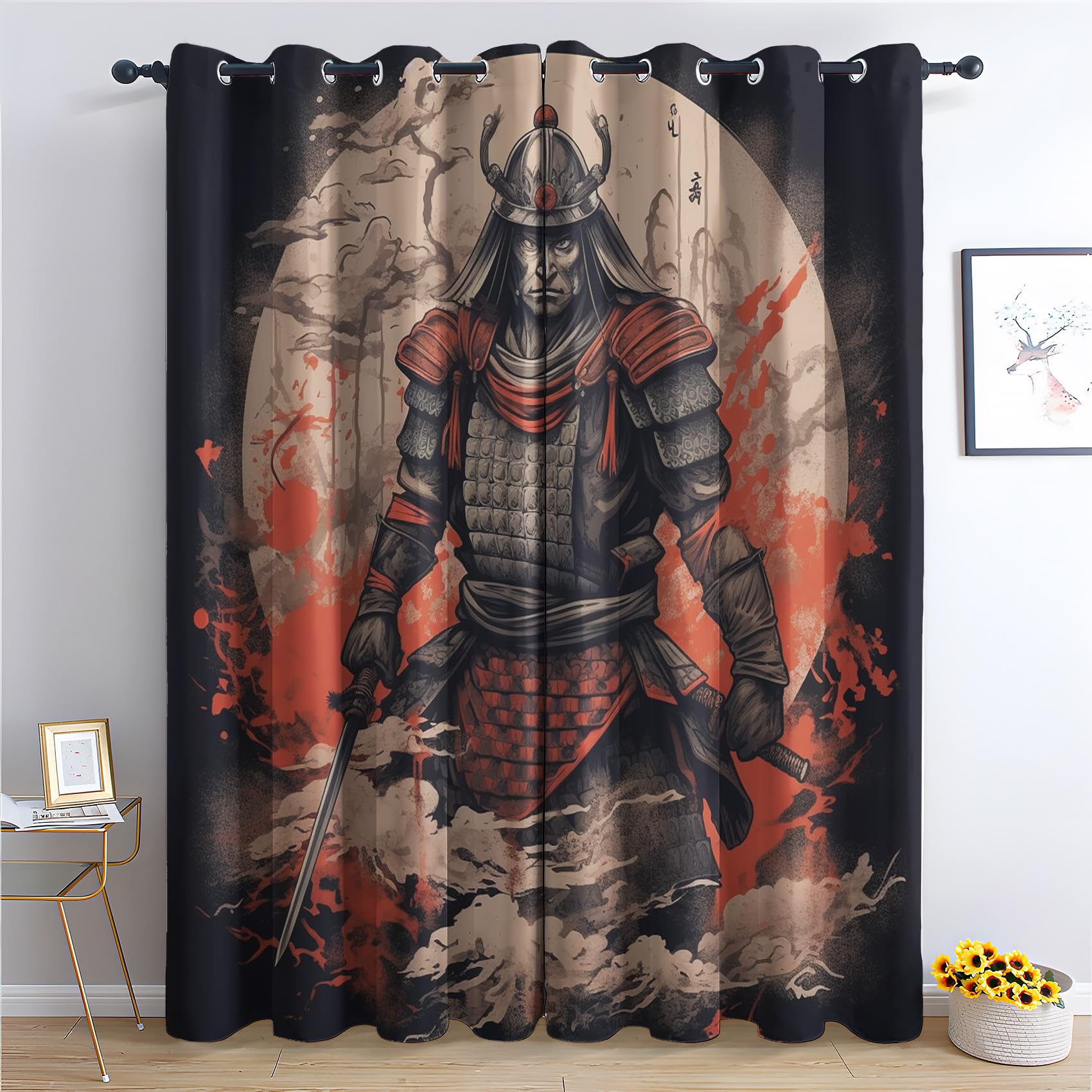 QEODAH Japanese Samurai Bedroom Curtains Blackout - Asian Oriental Japan Living Room Curtains 46x54 Eyelet - Soft Thermal Insulated Patterned Drapes for Windows - 2 Panels