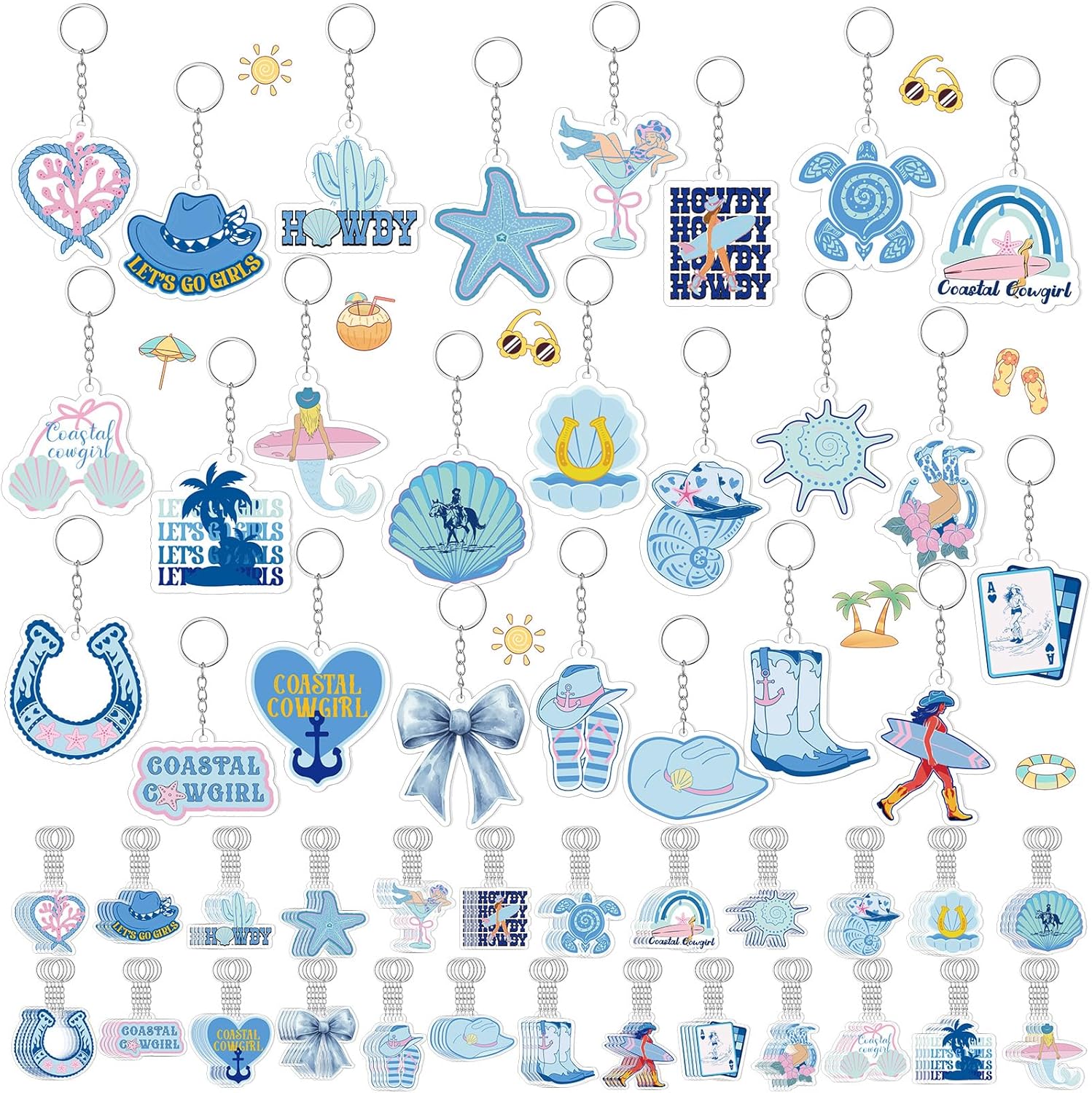 Equsion 100 Pcs Coastal Cowgirl Keychains Bulk, Western Beach Bachelorette Party Favors, Cute Summer Girls Trip Gifts, Starfish Ocean Theme Keychain Set, Summer Birthday Party Favors Gifts