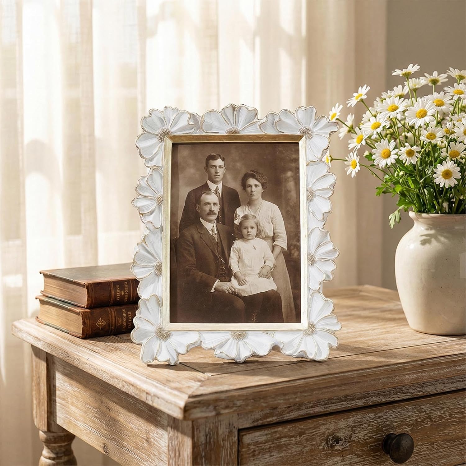 5 x 7 Inch Decorative Picture Frame with Floral Border, Vintage Style Photo Frame for Tabletop Display or Wall Hanging , Hand Carving Artwork Border for Home Decor, Desk, Family Photos (White, 5X7)