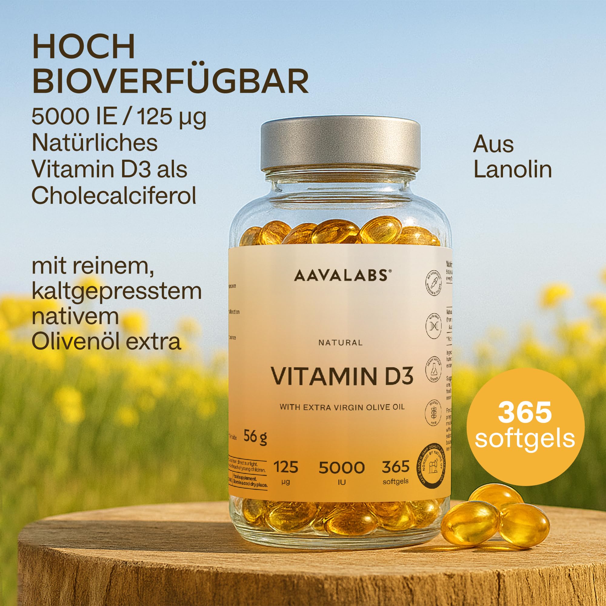 Vitamin D3 Hochdosiert Depot 5000 IU 365 Kapseln - Vitamin D3 5000 IE mit kaltgepresstem nativem Olivenöl Extra für optimale Absorption - Vitamin D Hochdosiert Ohne Gentechnik, glutenfrei, laktosefrei