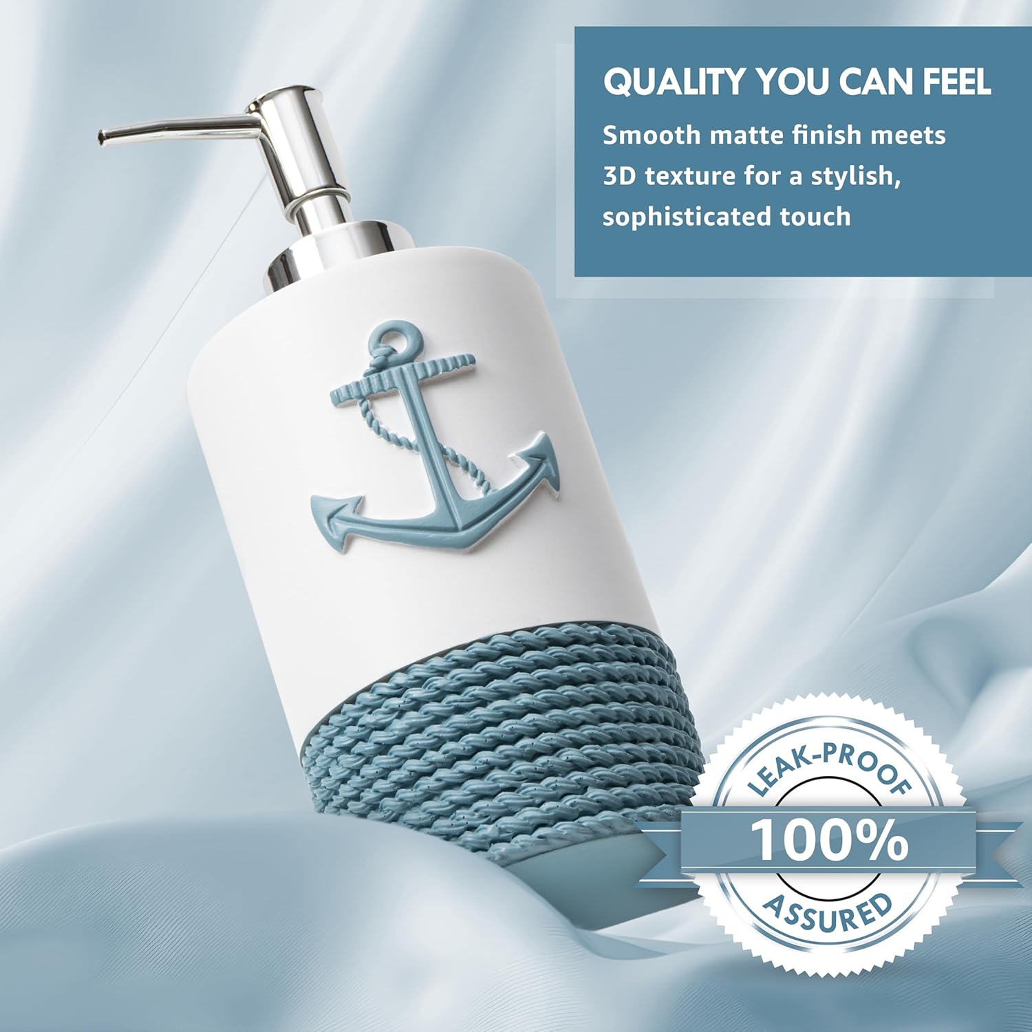 TideAndTales Luxury Nautical Bathroom Accessories Set (4 Piece) Rope and Anchor Beach Bathroom Decor with Ocean and Sea Theme Design, Countertop Coastal Soap Dispenser Set