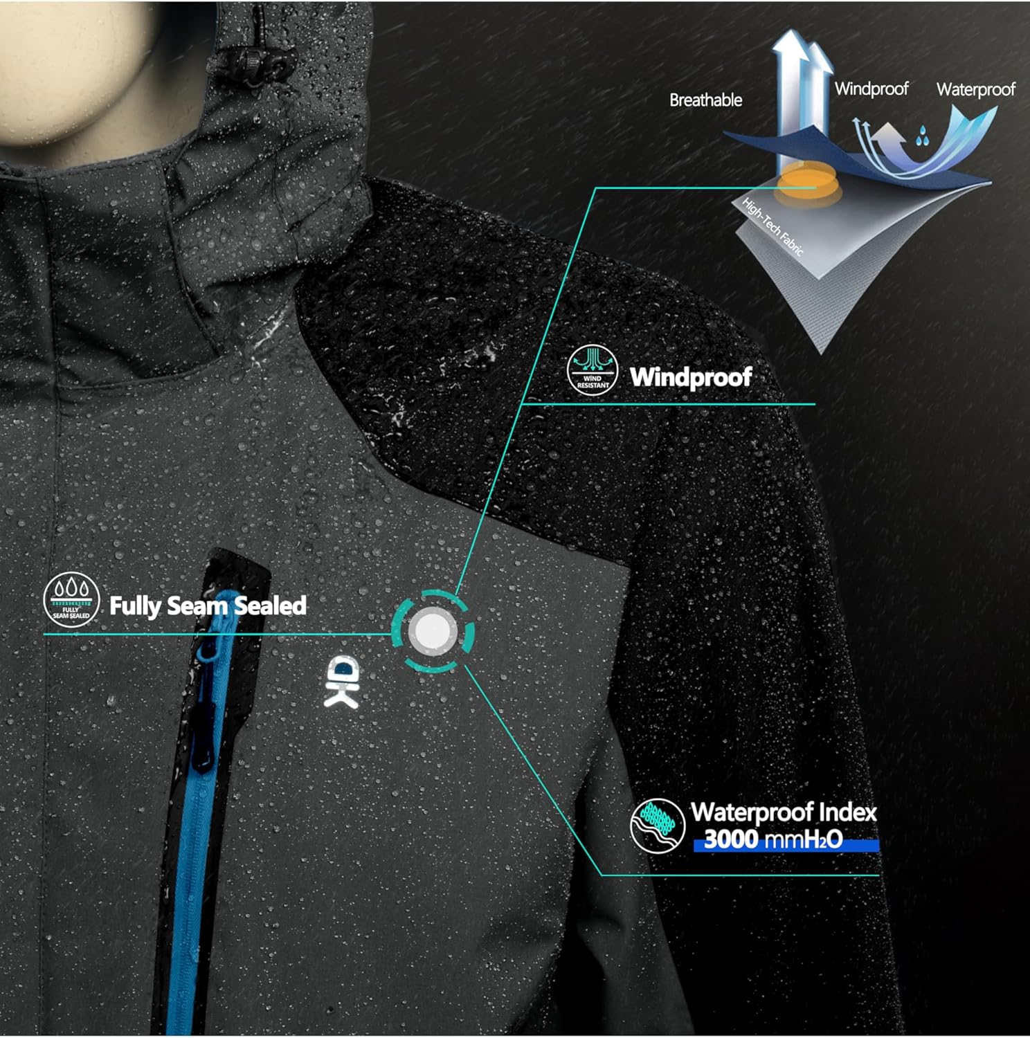 Little Donkey Andy Men's Rain Jacket with Detachable Hood Waterproof Lightweight Breathable Raincoat for Hiking Travel Casual Grey/Black S - Image 6