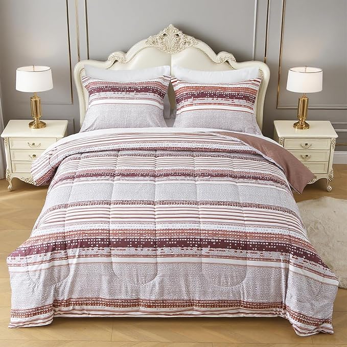 Lasoftan Striped Boho Queen Size Bed Sheets and Comforter Set, Lightweight