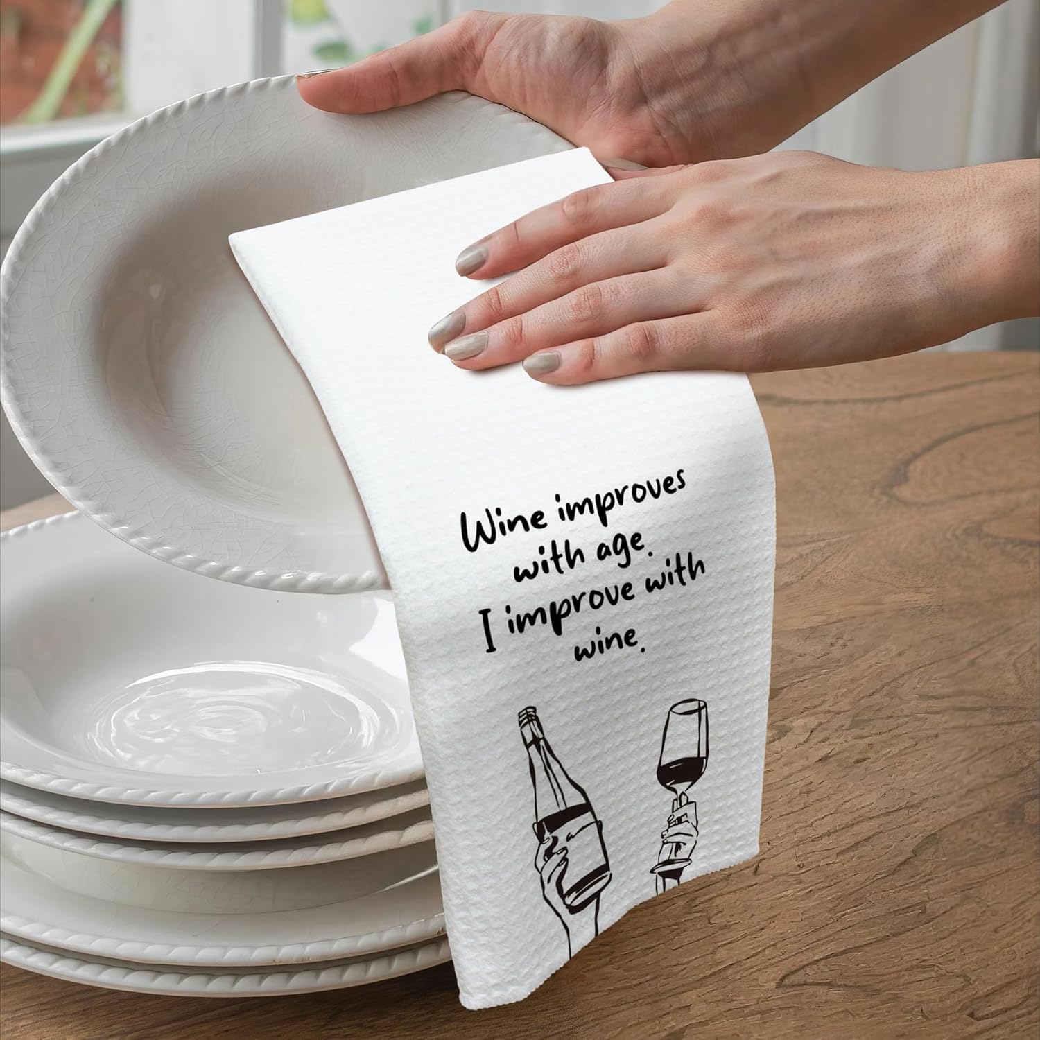 White Cute Kitchen Towels - “Wine Improves with Age, I Improve with Wine” Tea Towels for Kitchen, Dish Cloths, Gifts for Wines Lovers, Housewarming Gifts New Home. 16"x24"(188) - Image 3