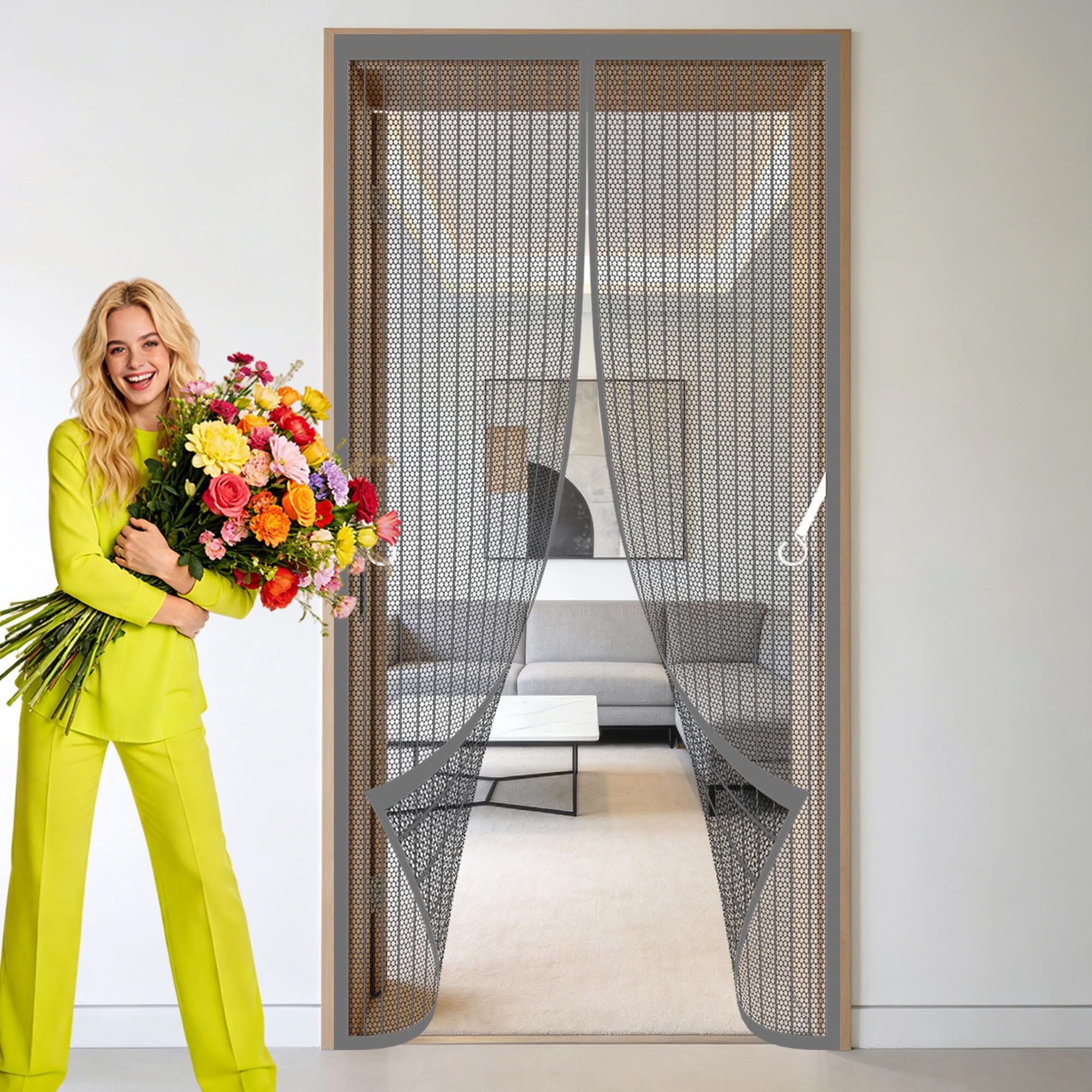 Gouer Grey Magnetic Insect Screen Door 119 X 243 Cm Full Frame Magic Tape Insect Mesh Keep Bugs Out Lets Fresh Air For Living Room, Bedroom, Patio,