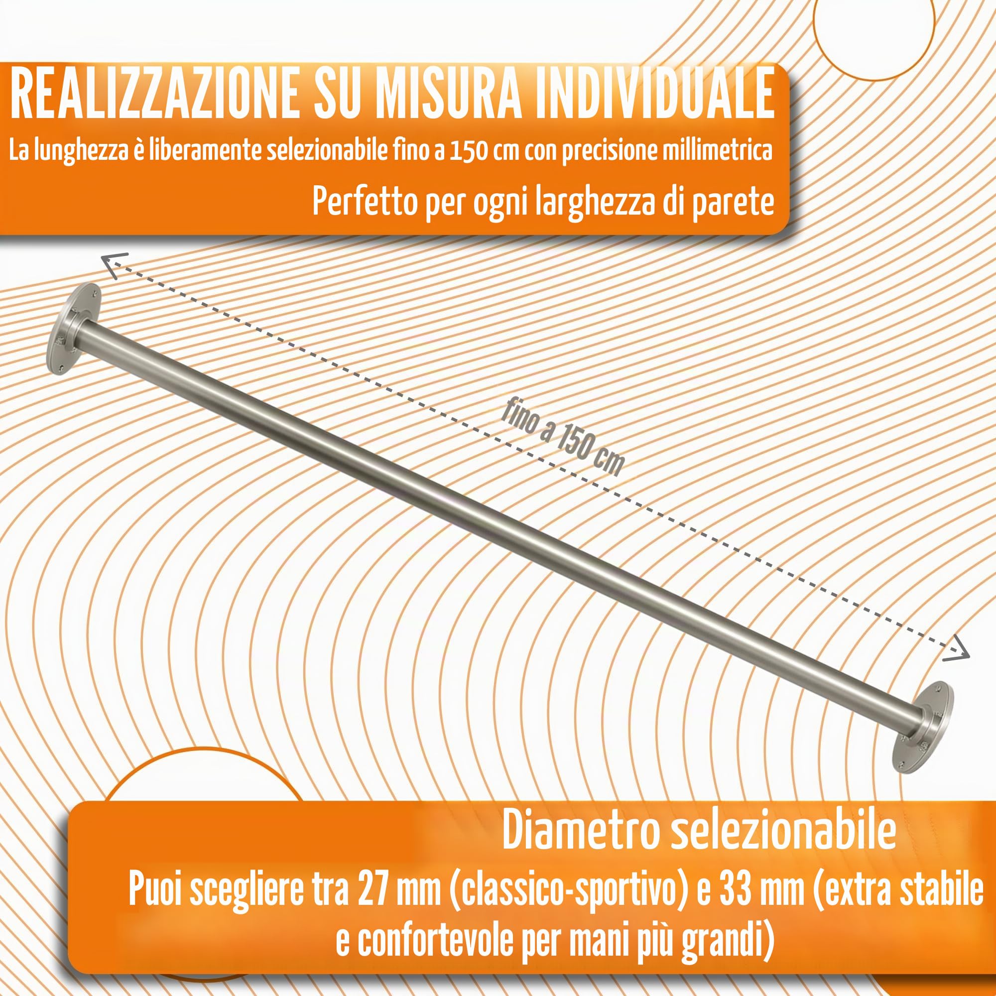 Sbarra per trazioni in acciaio inox da parete – su misura fino a 150 cm – con kit di fissaggio – ideale per casa, ufficio, palestra domestica