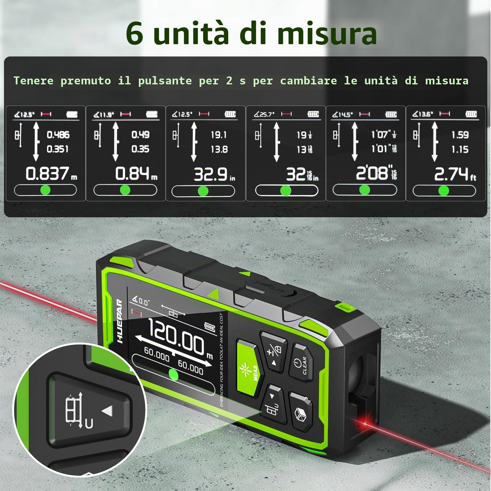Distanziometro Laser Bilaterale, Huepar 120M con Laser, LCD retroilluminato, misurazione di distanza, superficie e volume e modalità pitagorica SW-210GT