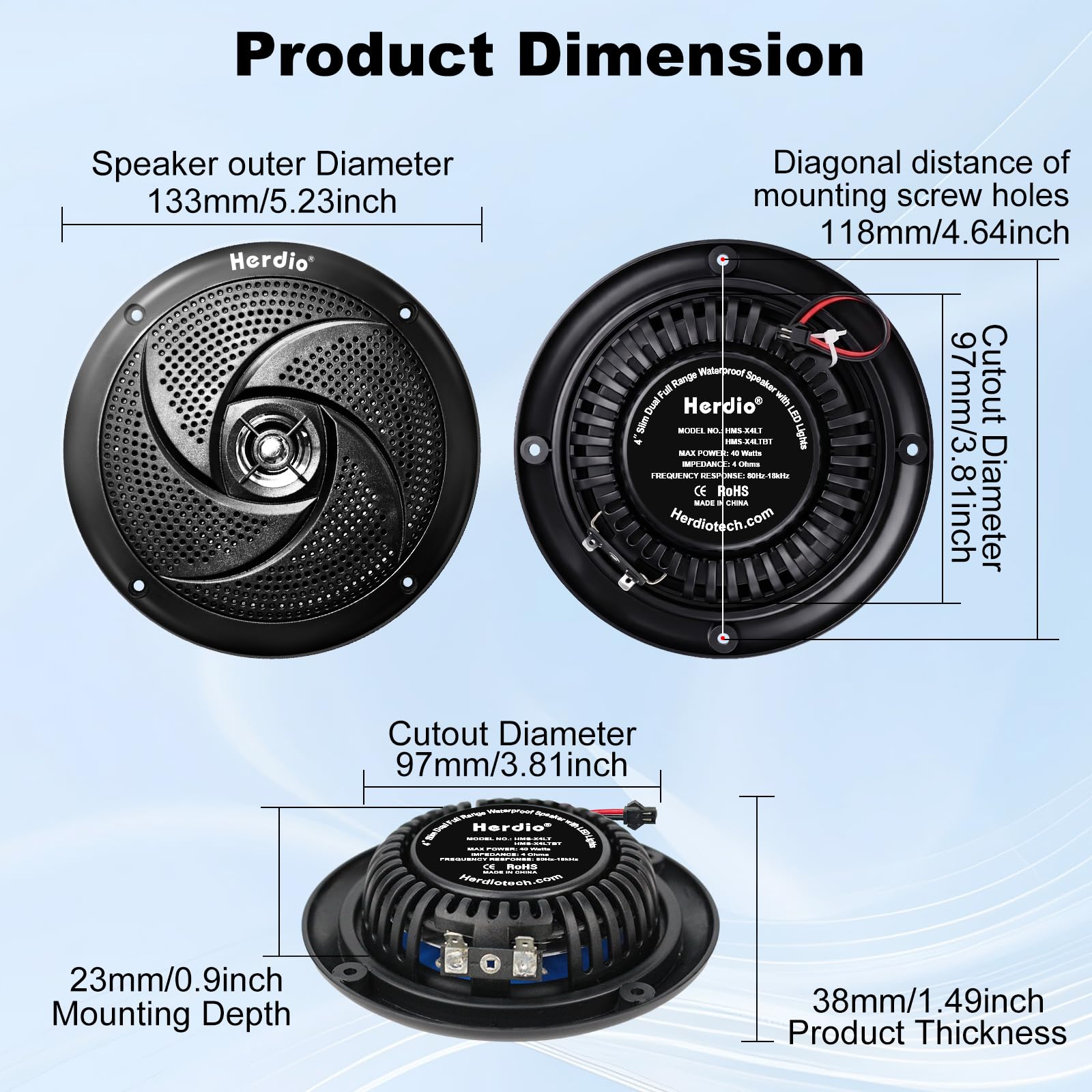 Herdio Altavoces Marinos, 4 Pulgadas, 2 vías, Impermeables y Resistentes a la Intemperie, con Luces LED, Potencia de 100 W y Estilo Delgado de Perfil bajo, 1 par (Negro)