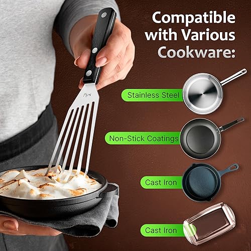 Miniatura 5 de MIU - Espátula de pescado de acero inoxidable flexible metal pulido girador ranurado de cocina versión mejorada