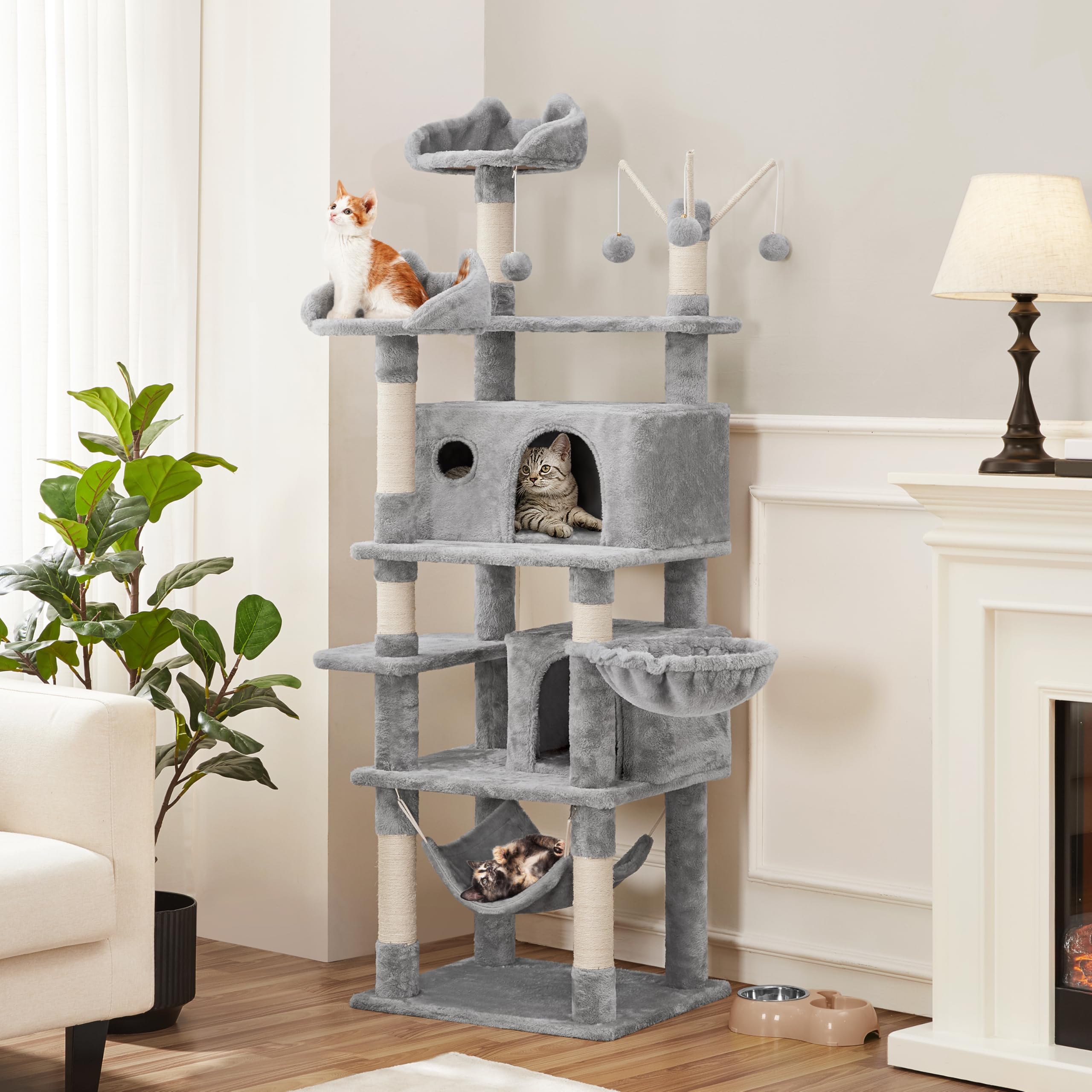 Yaheetech Rascador para Gatos Mascotas con Hamaca Plataforma Cueva Bolas de Juego Canasta 55.5x45.5x170 cm Gris Claro