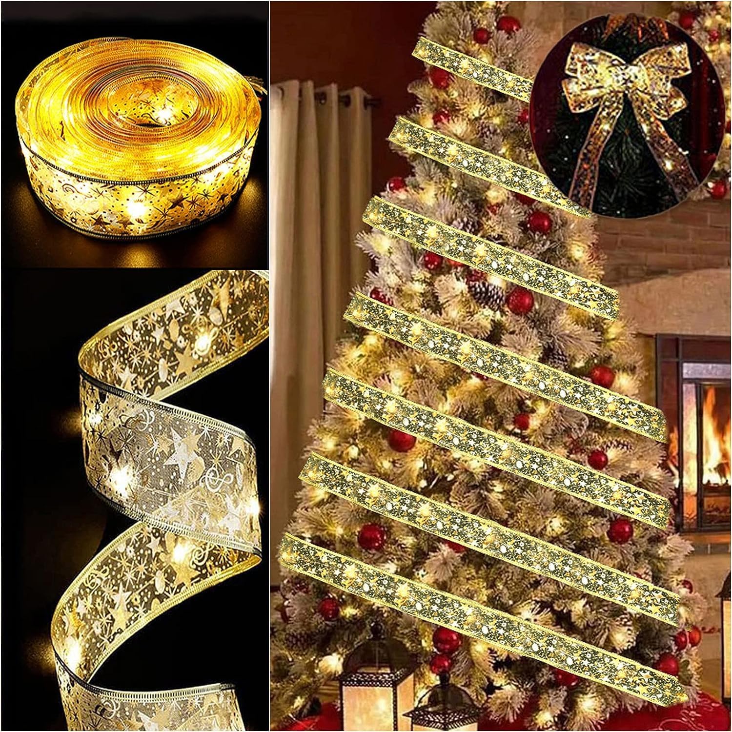 Christmas Tree Ribbon Fairy Lights, 39ft/12m 120LED Shining Ribbon String Lights, Waterproof Battery Operated Xmas Tree Lights for Christmas New Year Party Decorations Indoor Outdoor (12M Gold)