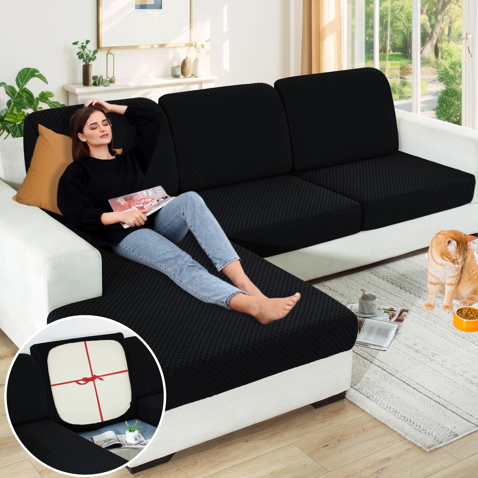 【Clearance】 Stretch Individual Cushion Covers Sofa Loveseat Seat Cushion Slipcovers Soft Couch Cover Replacement Large Checkered Furniture Protector with Elastic Bottom (2 Pc Cushion Cover, Black)