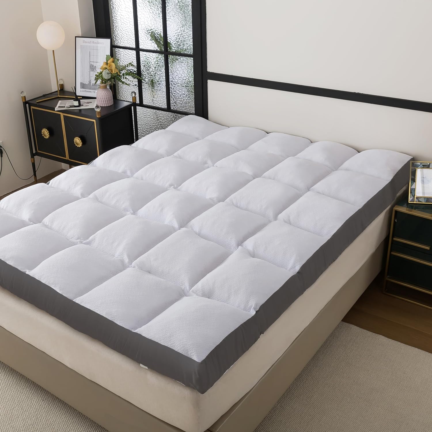 WhatsBedding Mattress Topper King Size Memory Foam Filled Warming Cooling Fluffy & Soft Memory Foam Pillow Top, Anti-Slip Bottom, 4 Elastic Straps, 80x78 Inch, King