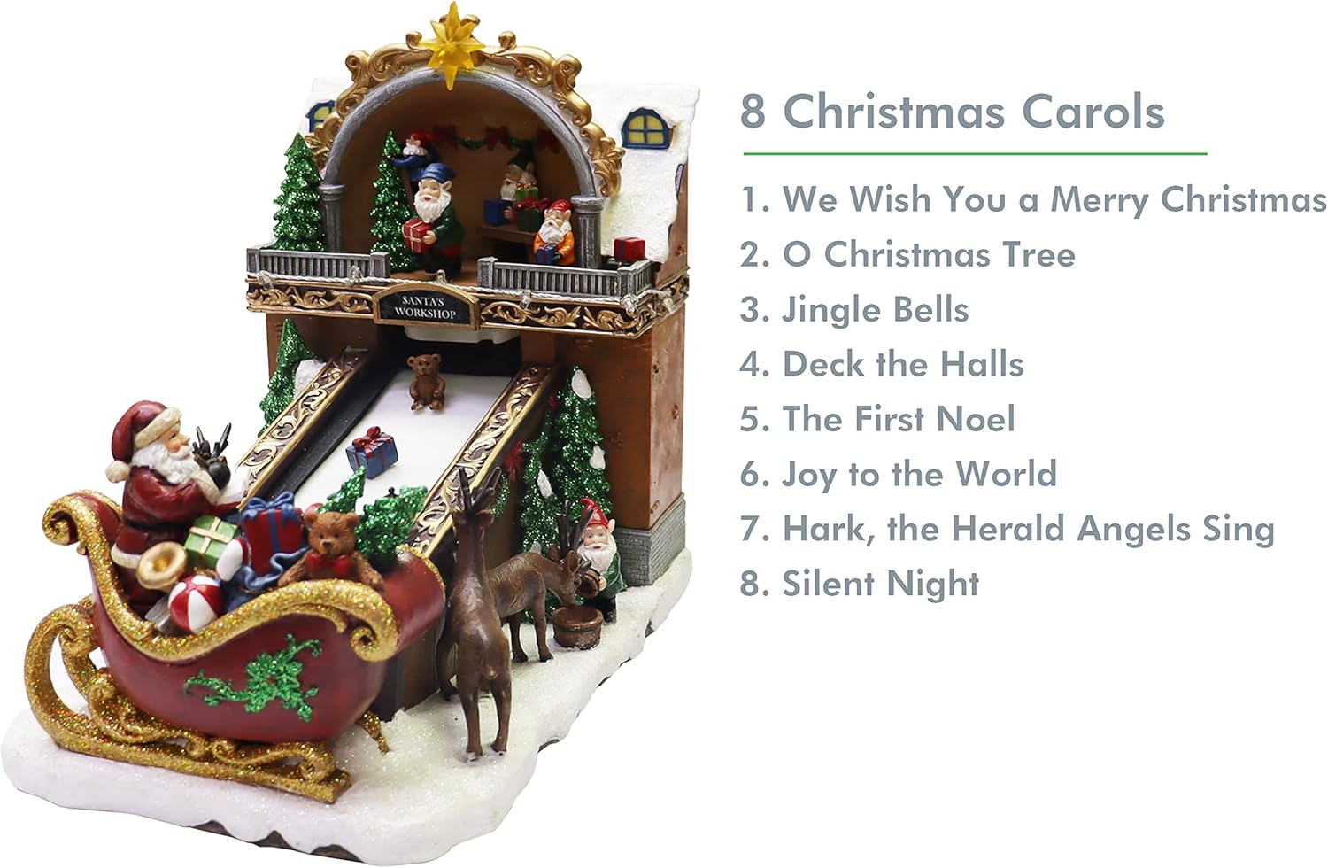 MOMENTS IN TIME Animated Santa’s Toy Shop Conveyor Belt Lighted Christmas Village Building with LED Lights, Music & Moving Sleigh Scene Plug-in Power Adapter Included