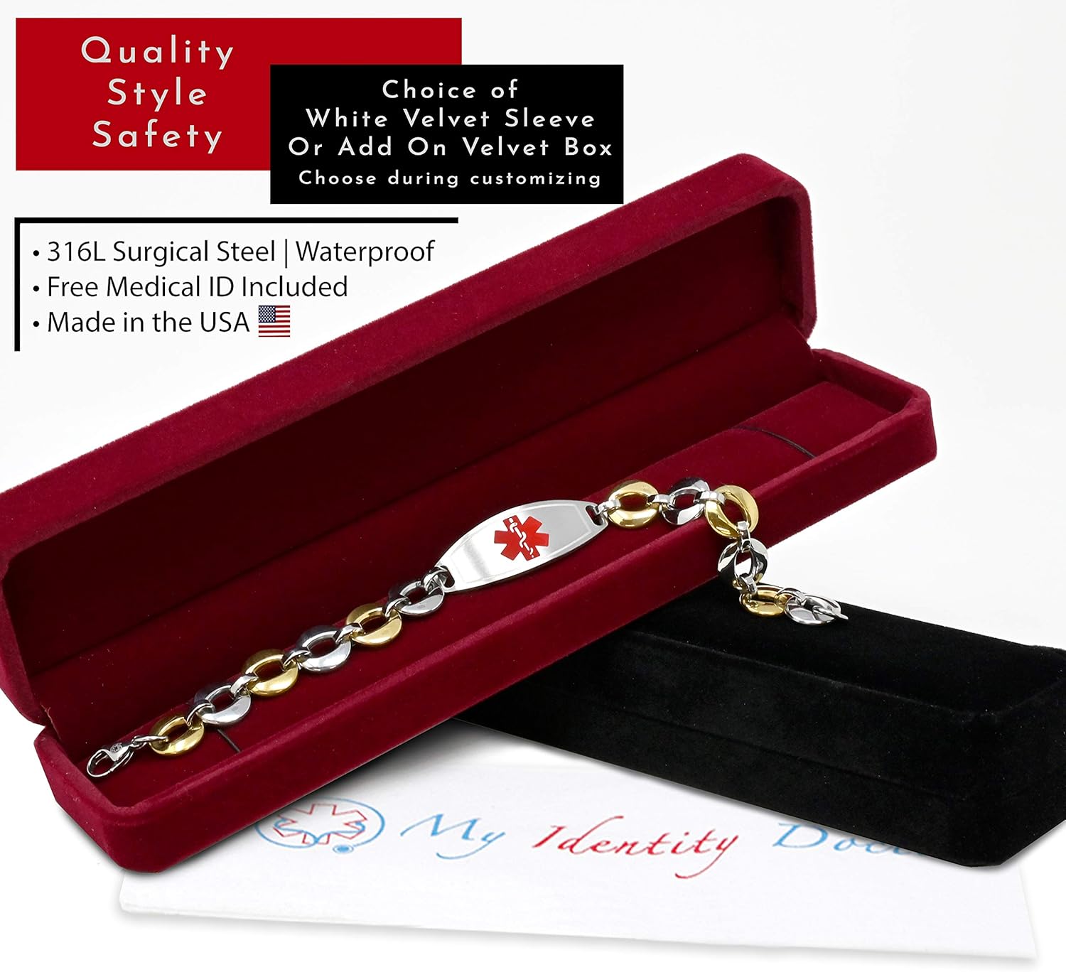 Medical Bracelet For Women With Free Engraving, Stainless Steel Personalized Medic ID Custom Sized, 1.5cm Gold Tone Chain