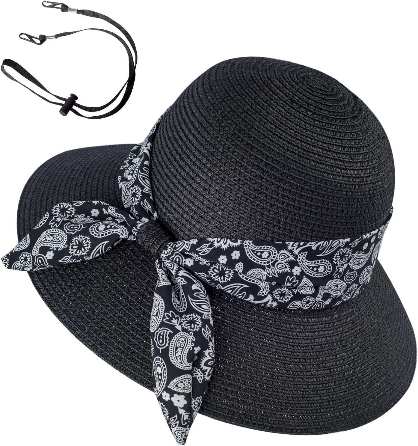 Womens Straw Sun Hat Summer Beach Wide Brim UV Protection Hats with Chin Strap Floppy Foldable Cute Bowknot UPF 50 Cap
