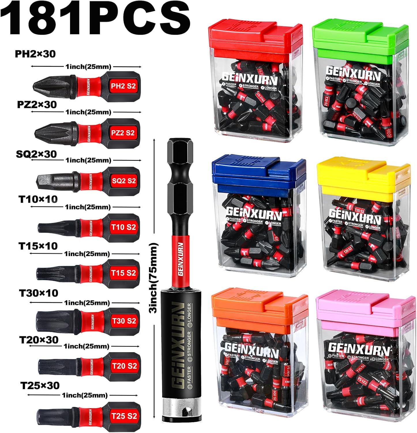181 Pieces Impact Screwdriver Bits Set with Colorful Boxes, 1" Magnetic (PH2,PZ2,SQ2,T10,T15,T20,T25,T30) S2 Steel Multi Driver Bits - Image 2
