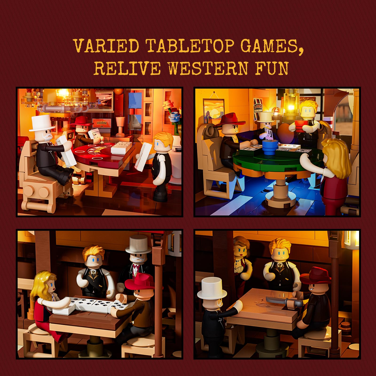 LUMIBRICKS Western Lucky Saloon zestaw klocków zaciskowych LED, 2200 elementów, modułowy budynek Wild-West, model z oświetleniem, podwójna struktura wewnętrzna, tajne przegródki i bogata w szczegóły