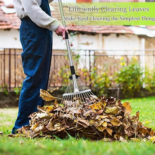 Miniatura 2 de Rastrillo resistente de 68 pulgadas, rastrillo de hojas de metal con mango desmontable, rastrillos de jardín para hojas con púas expandibles,