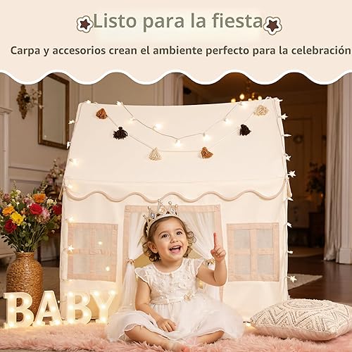 Miniatura 7 de Tienda de campaña para niños en el interior: con alfombra, guirnalda de borlas, luces de estrella, tienda de campaña para niñas, casa