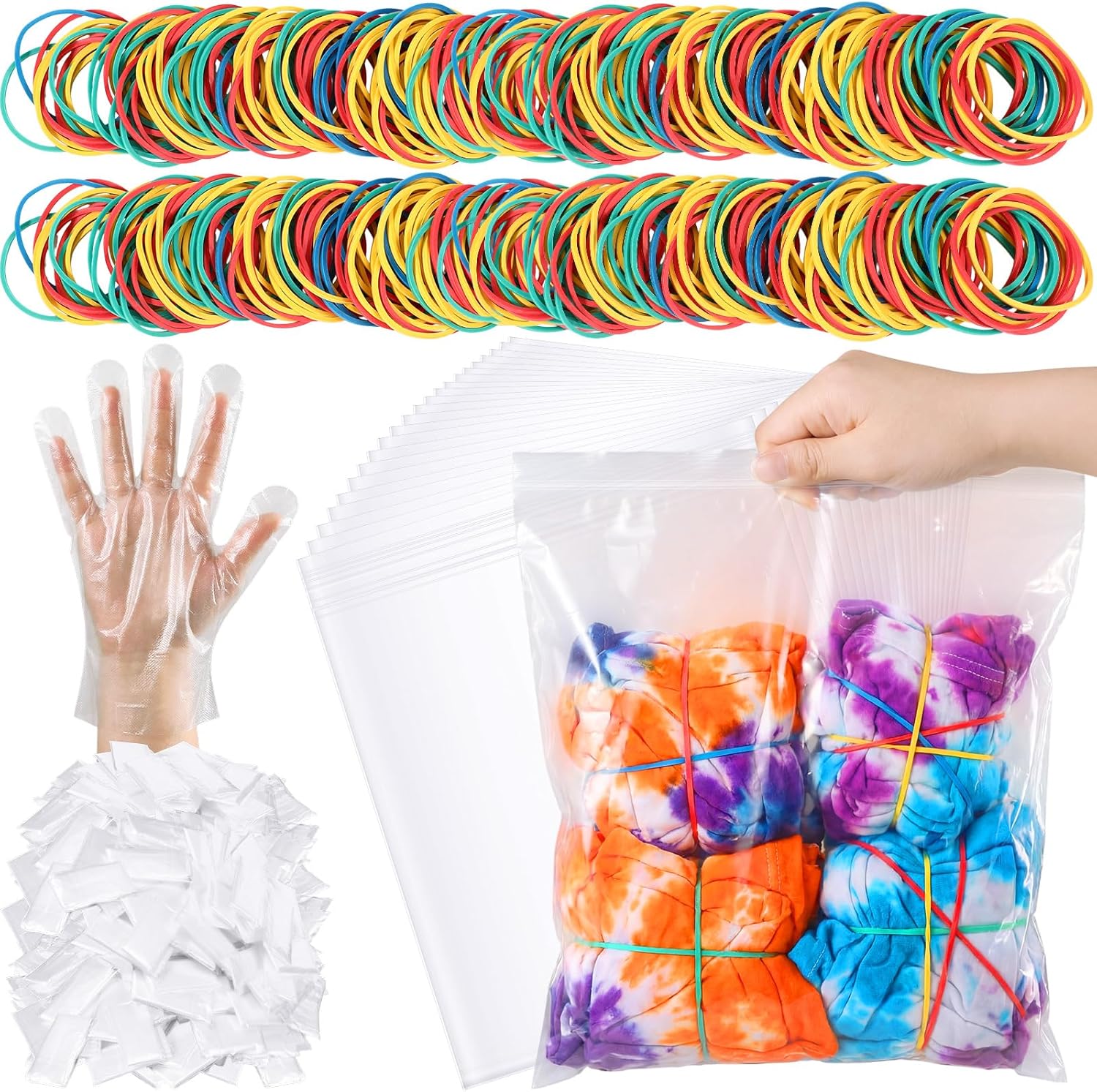 100 Pcs Rubber Bands Kit for Tie Dye Projects Craft Project Colorful Elastic Rubber Band with 100 Pairs Gloves 100 Sealed Bags for Office Supplies Tie Dye Accessories