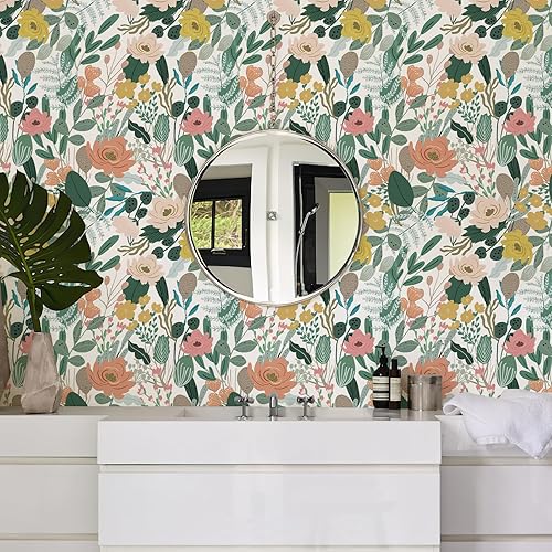 Miniatura 6 de HueBurst Papel tapiz floral oscuro para despegar y pegar, papel tapiz vintage para sala de estar, 17.3 x 118 pulgadas, papel tapiz floral de crayón
