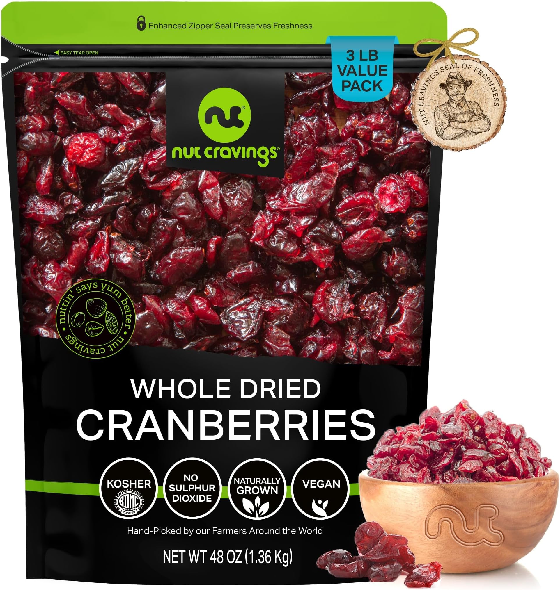 Dried Whole Cranberries, Lightly Sweetened, Unsulphured (48oz, 3 LB) Sweet Healthy Snack, Vegan, Kosher, Resealable Bag