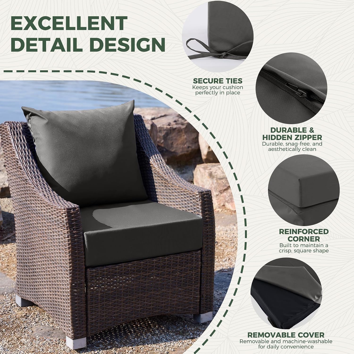 Outdoor Cushions for Patio Furniture, Outdoor Seat Cushion Set 24 x 24 x 5.75 Inch, Waterproof & Fade Resistant Outdoor Chair Cushions, Deep Patio Chair Cushion with Removable Cover, Dark Grey