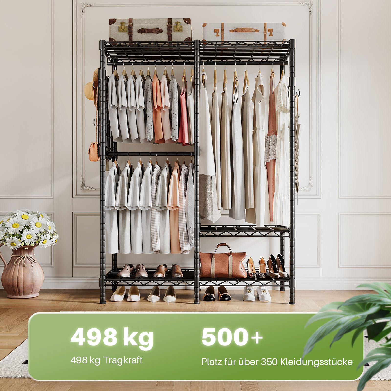 HOKEEPER Kleiderständer 498kg Schwerlast | Kleiderschrank, zum Aufhängen von Kleidung, 4 Rollen, 2 feststellbar, einfache Montage, langlebig