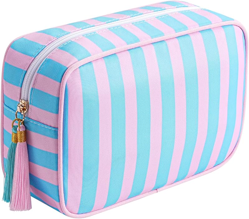 Necessaire de maquiagem de viagem listrada RSRSLEII com zíper, rosa e azul