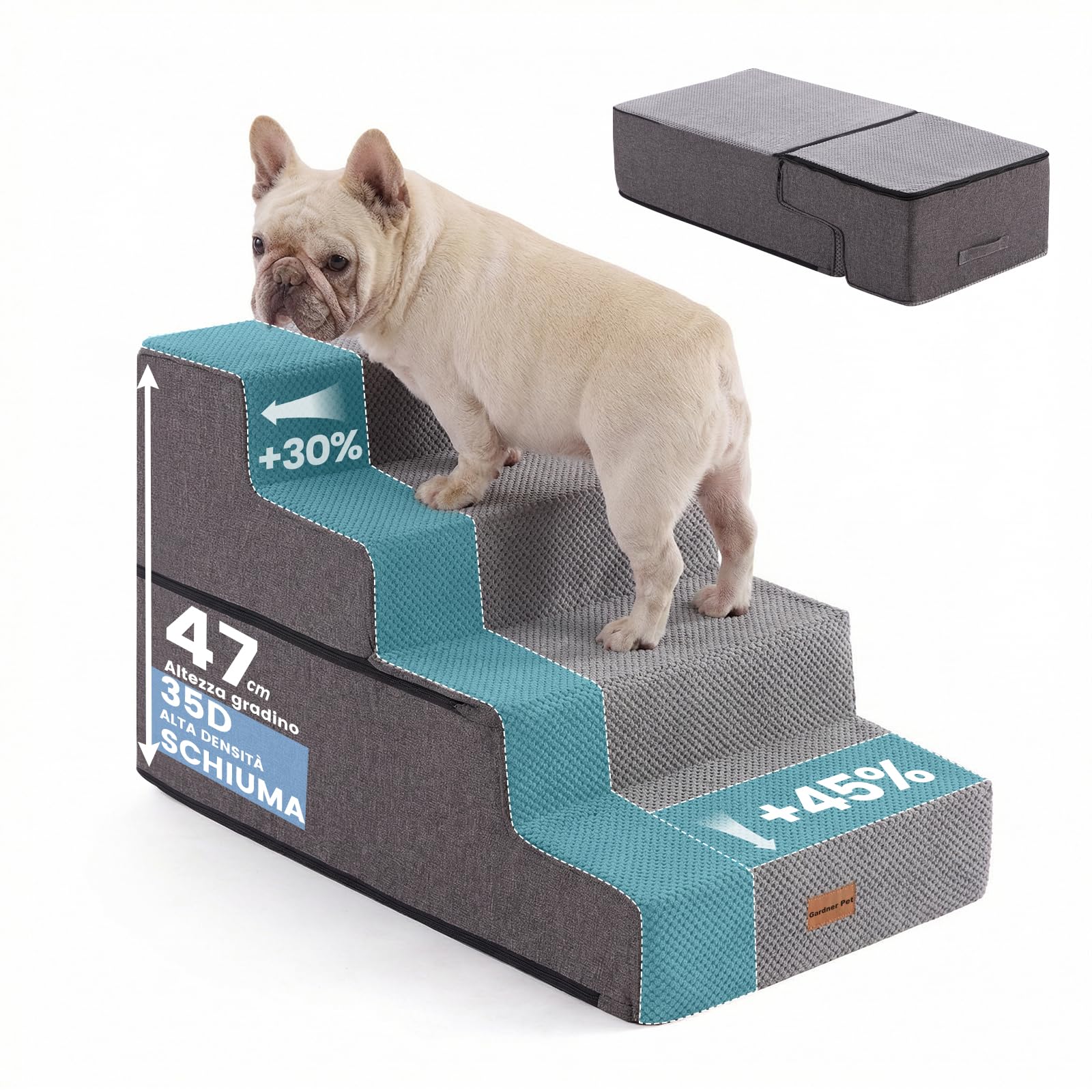 Gardner Pet Scala per Cani Piccola, Scala per Animali Domestici a 4 Gradini, Rampe in Schiuma ad Alta Densità con Rivestimento Impermeabile e Antiscivolo, per Letto, Divano, Poltrona e Auto, Grigio