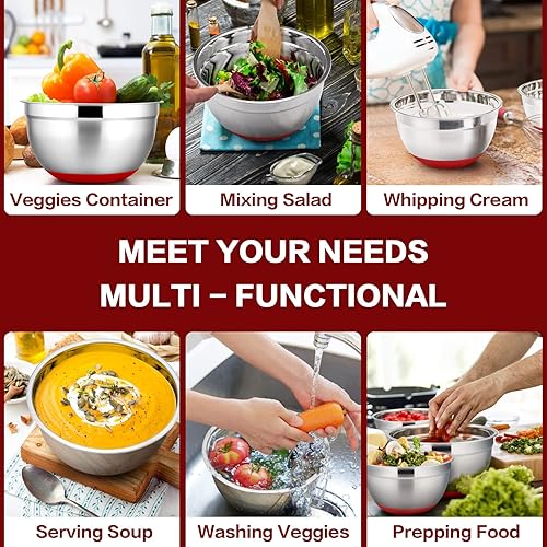 Miniatura 5 de P&P CHEF Juego de 5 tazones para mezclar con tapas, de acero inoxidable, con tapa y base para mezclar antideslizante, preparar, almacenar y servir,