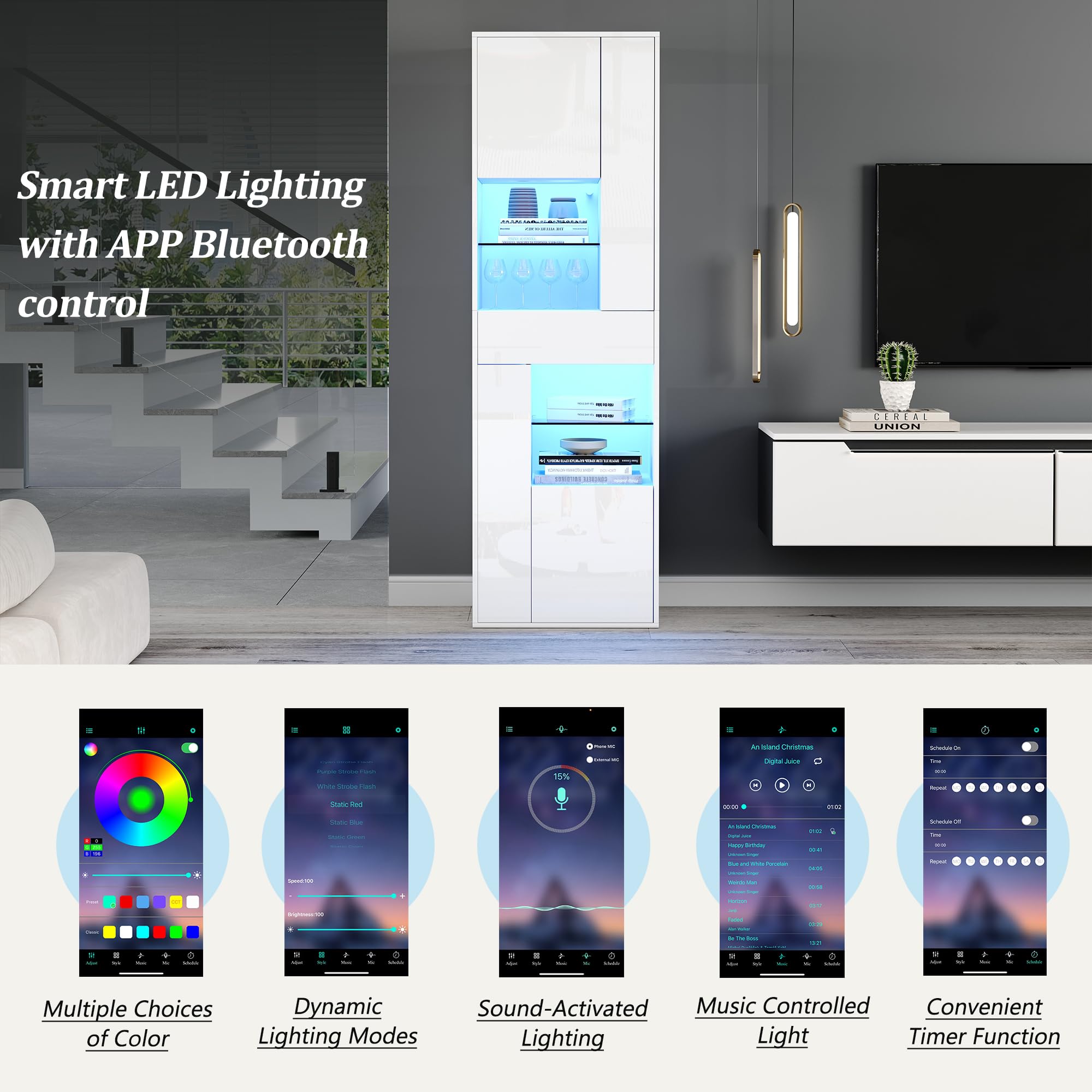 Armadio Alto Vetrina in Vetro, 55 x 38 x 170 cm, 1 Cassetto e 4 Armadi, Vetrine con Illuminazione LED, Design Lucido, per Soggiorno, Bianco