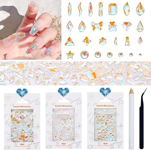 Aurora - Diamantes de imitación de cristal para uñas, diamantes de imitación de cristal 3D Aurora con parte trasera plana, tamaños mixtos, gemas de