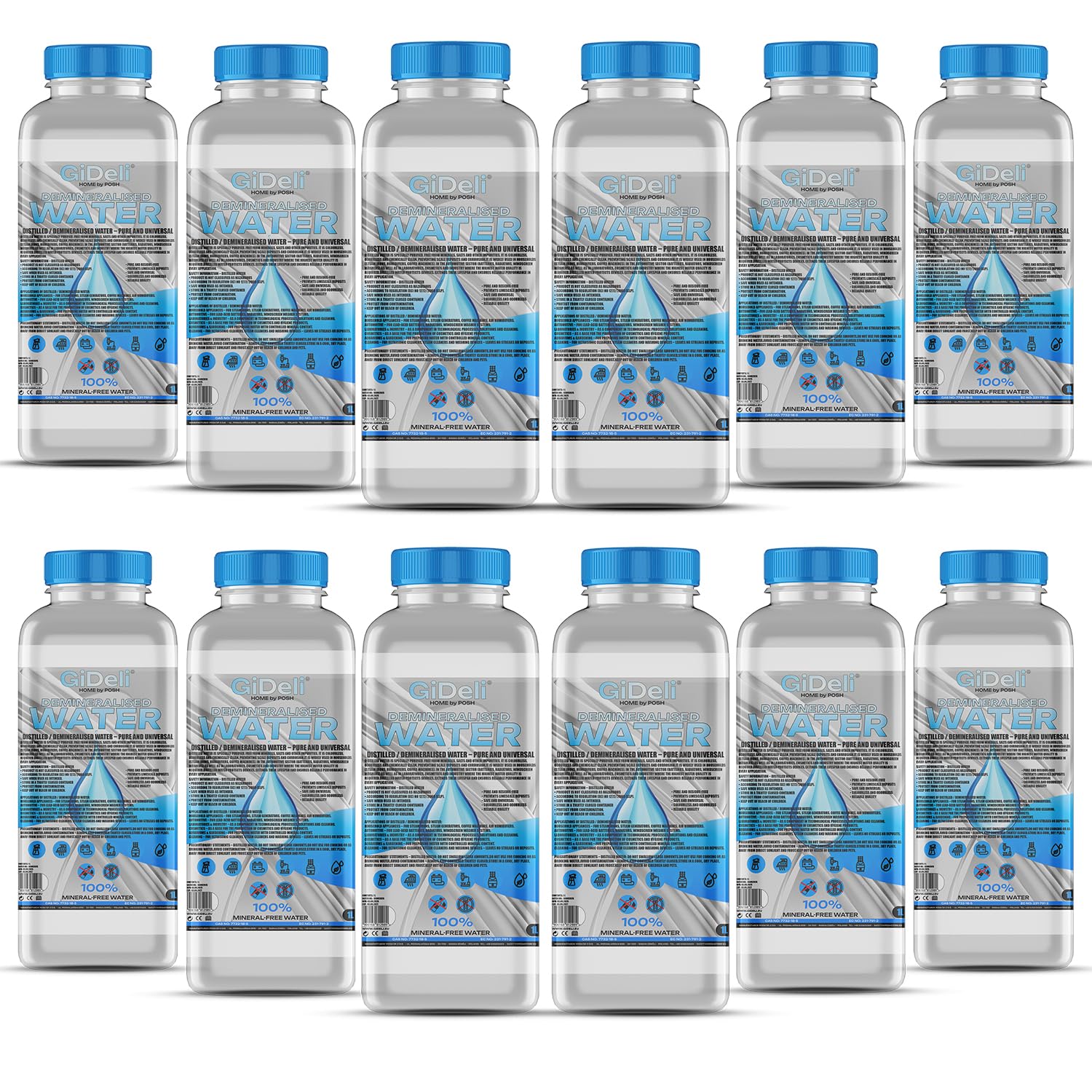 GiDeli Acqua demineralizzata 12 x 1 l acqua distillata per ferro da stiro, batterie, refrigeratore, umidificatore, acquario e laboratorio acqua senza calcare, inodore, trasparente