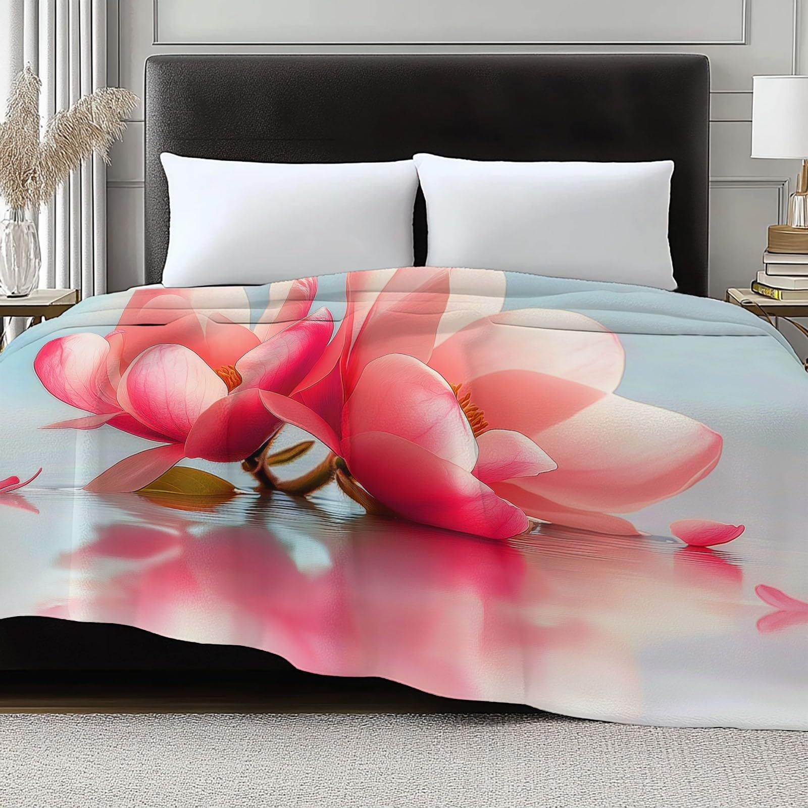 Genérico Manta Franela para Cama Crema, Ultra Suave Mantas Estampado Exquisito Flor Magnolia para Sofa 200 x 200 cm - Cálida y Acogedora para Cama Sofá Oficina Coche Viajes Camping